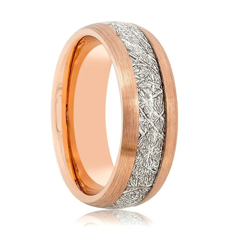 Crux | Rose Gold Tungsten Ring, Imitation Meteorite Inlay, Domed 1