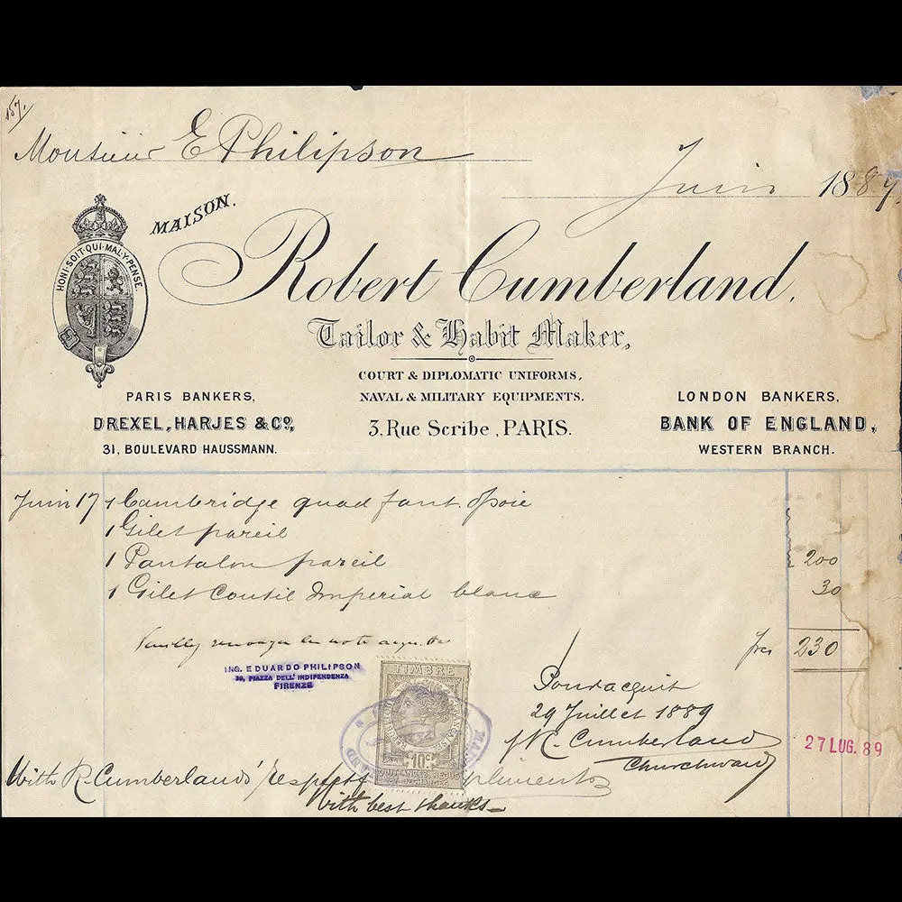 Cumberland - Facture Du Tailleur, 3 Rue Scribe À Paris (1889) 1