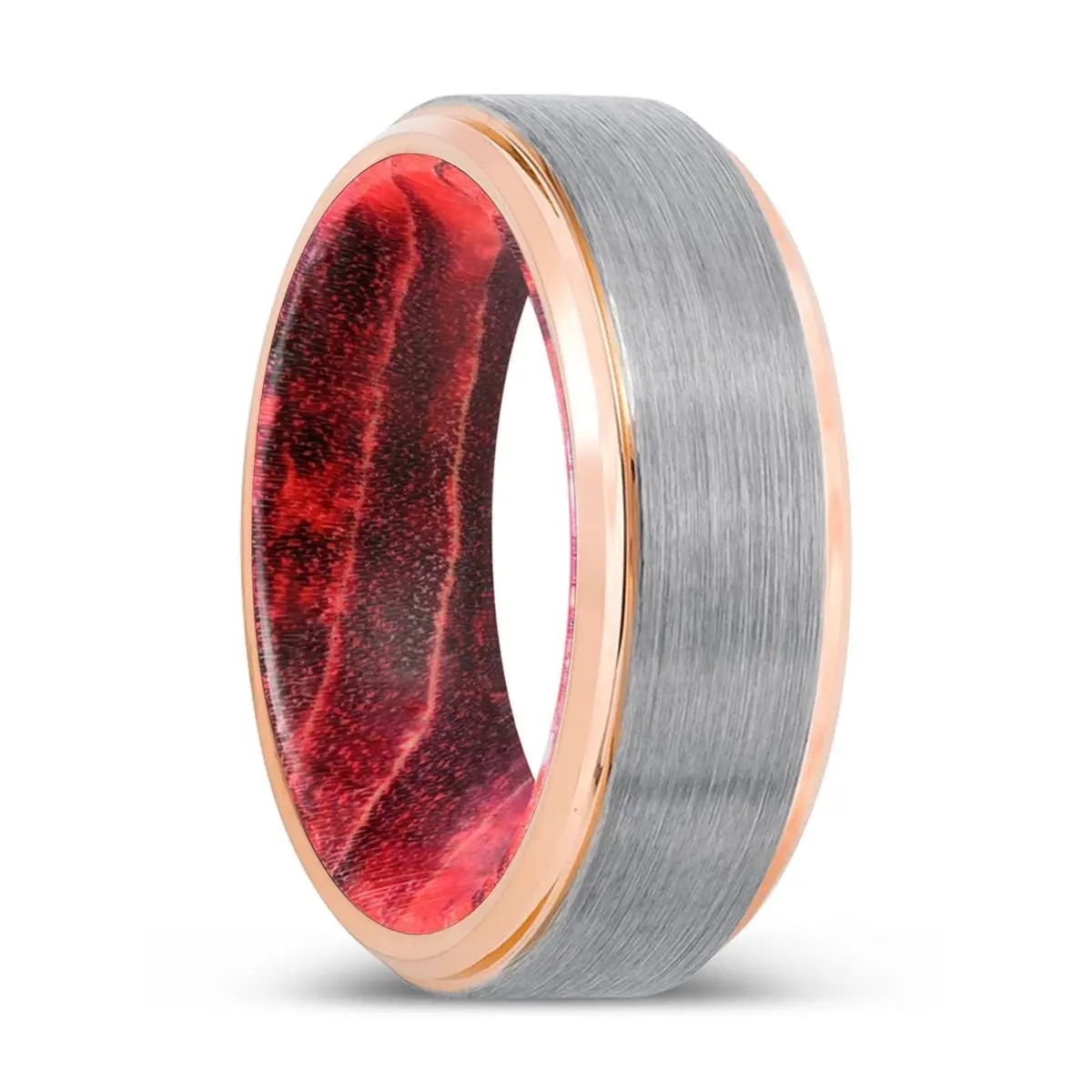 Curator | Black & Red Wood, Silver Tungsten Ring, Brushed, Rose Gold Stepped Edge 1