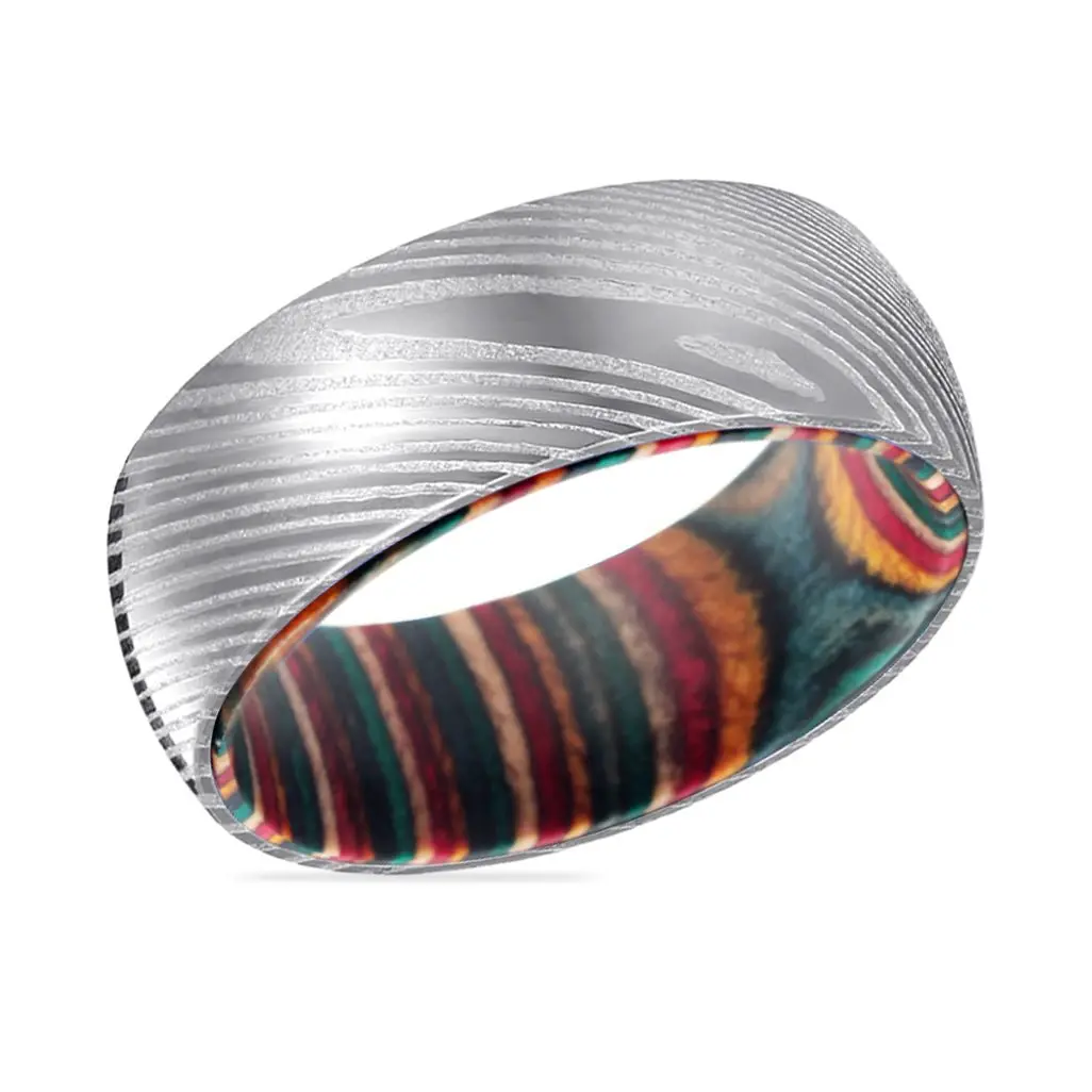 Curve | Multi Color Wood, Silver Damascus Steel, Domed 2