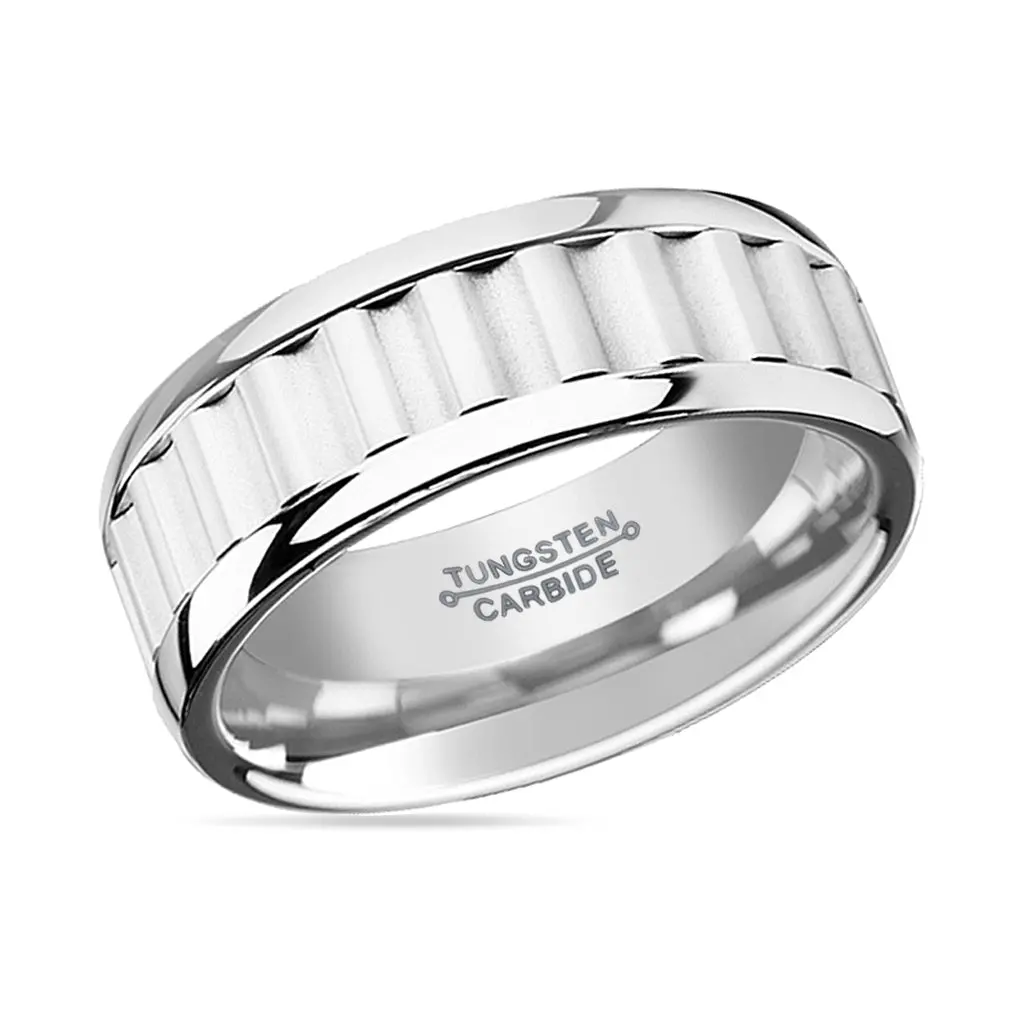 Cutlass | Silver Tungsten Ring, Gear Teeth Inlay, Domed 2