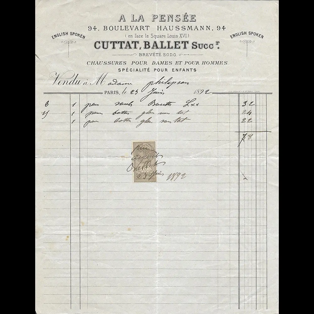 Cuttat, Ballet - Facture Du Magasin De Chaussures A La Pensée, 94 Boulevart Haussmann À Paris (1892) 1