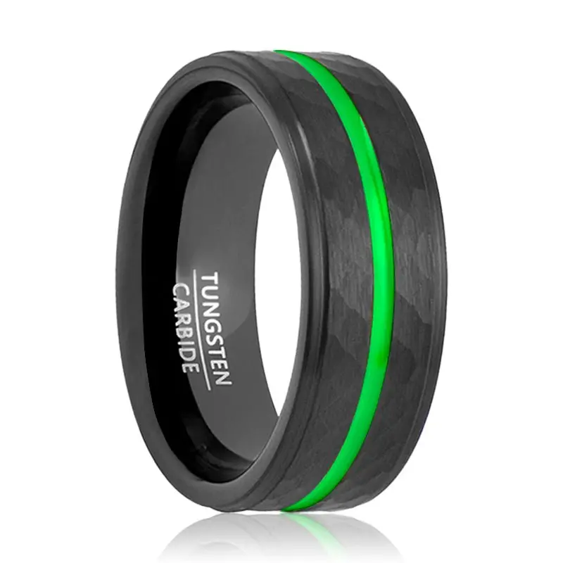 Cyclone | Black Tungsten Ring, Hammered, Green Groove, Stepped Edge 1
