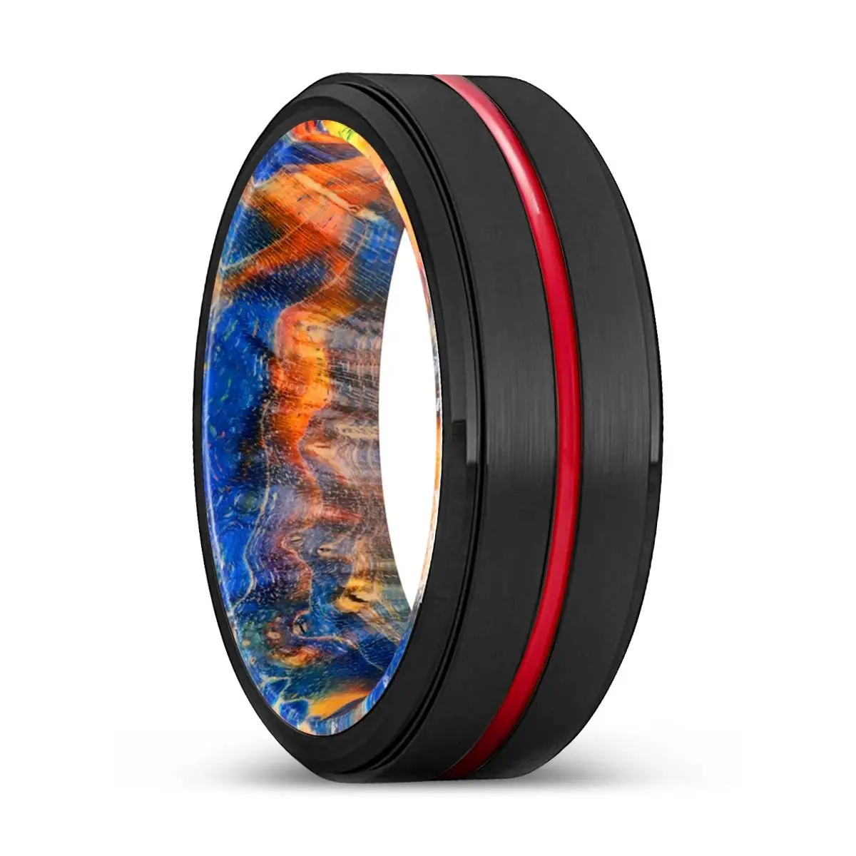 Cyclone | Blue & Yellow/Orange Wood, Black Tungsten Ring, Red Groove, Stepped Edge 1
