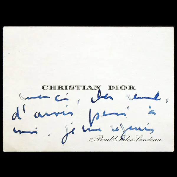 Carte De Visite Manuscrite De Christian Dior, À Son Adresse Personnelle 7 Boulevard Sandeau À Paris 1