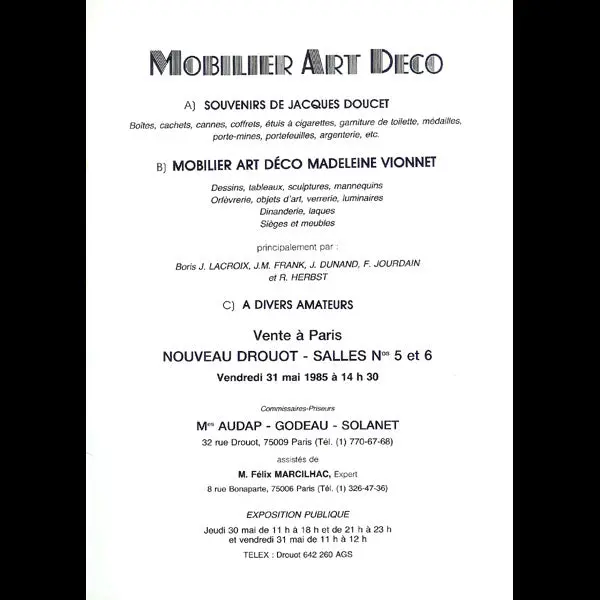 Vionnet - Catalogue De La Vente Madeleine Vionnet, Souvenirs De Jacques Doucet (1985) 2
