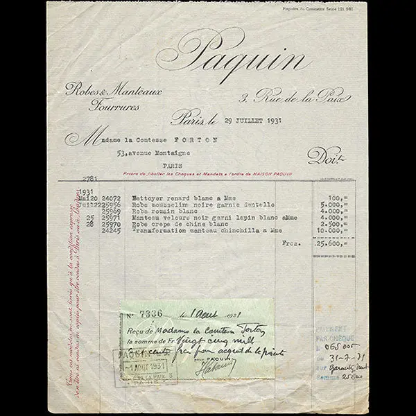 Paquin - Facture De La Maison Couture, 3 Rue De La Paix (1931) 1