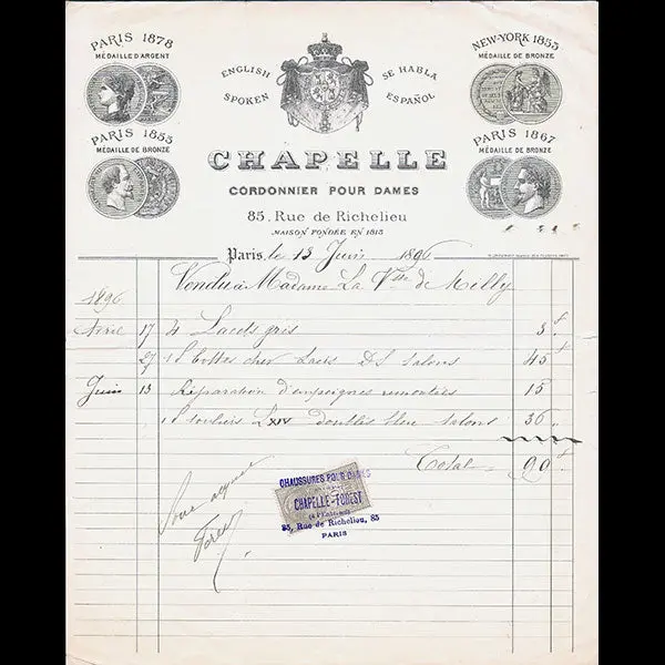 Facture De La Maison Chapelle, Cordonnier Pour Dames, 85 Rue De Richelieu À Paris (1896) 1