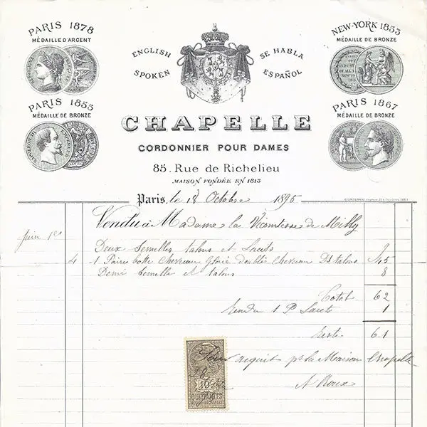 Facture De La Maison Chapelle, Cordonnier Pour Dames, 85 Rue De Richelieu À Paris (1895) 2