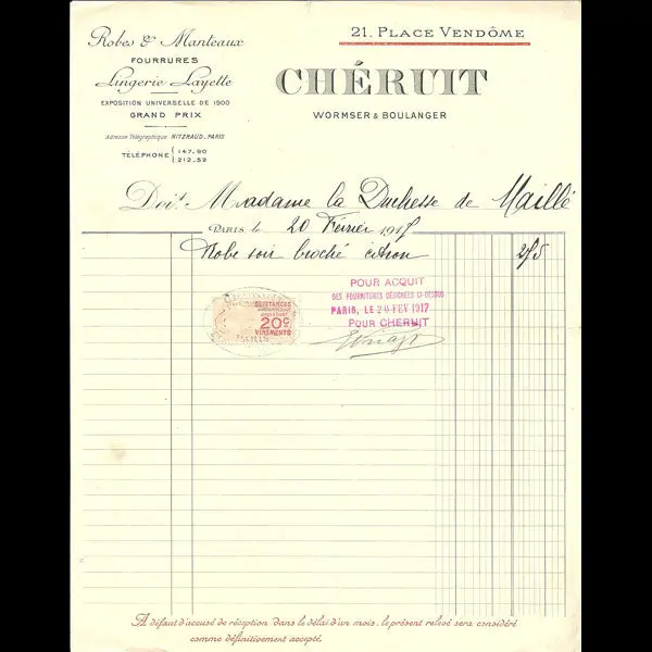 Facture De La Maison Chéruit, Wormser & Boulanger, 21 Place Vendôme À Paris (1917) 1