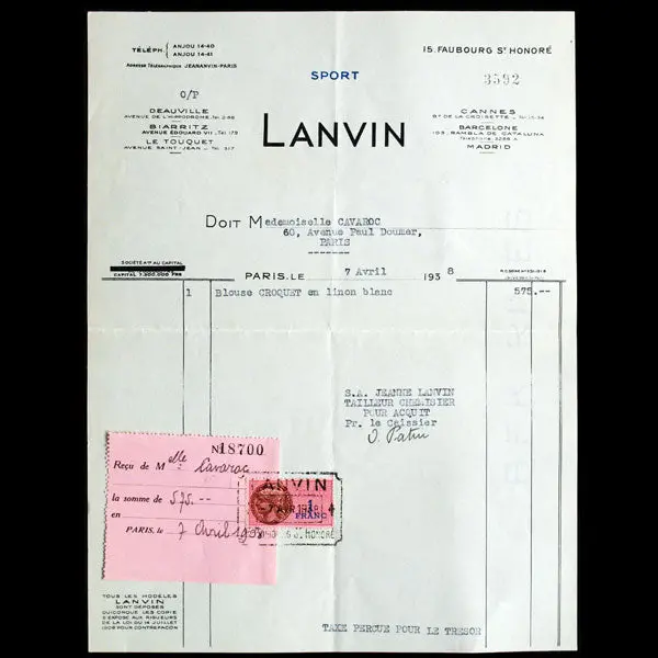 Facture De La Maison Lanvin Sport, Paris (1938) 1