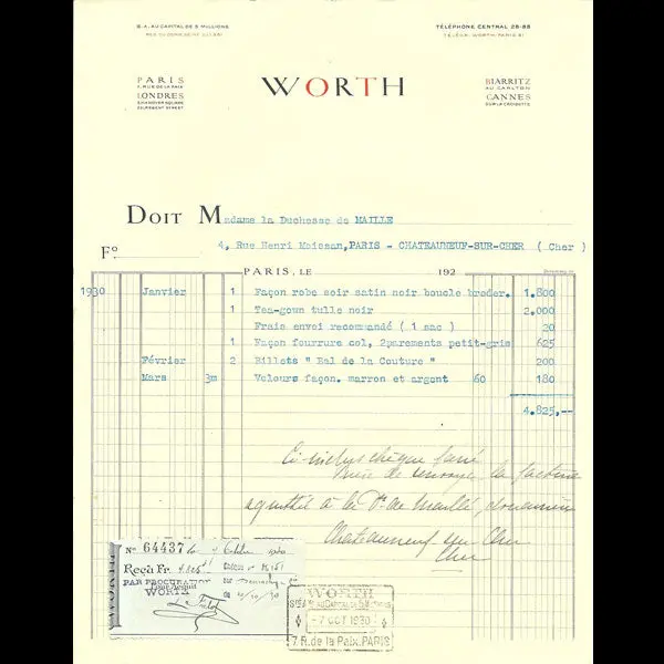 Facture De La Maison Worth, 7 Rue De La Paix, Paris (1930) 1