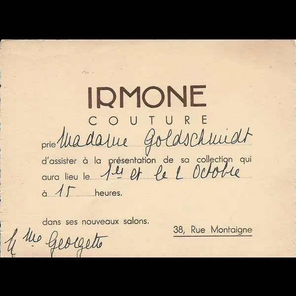 Carton D'invitation De La Maison Irmone Couture, 38 Rue Montaigne À Paris (Circa 1935) 1