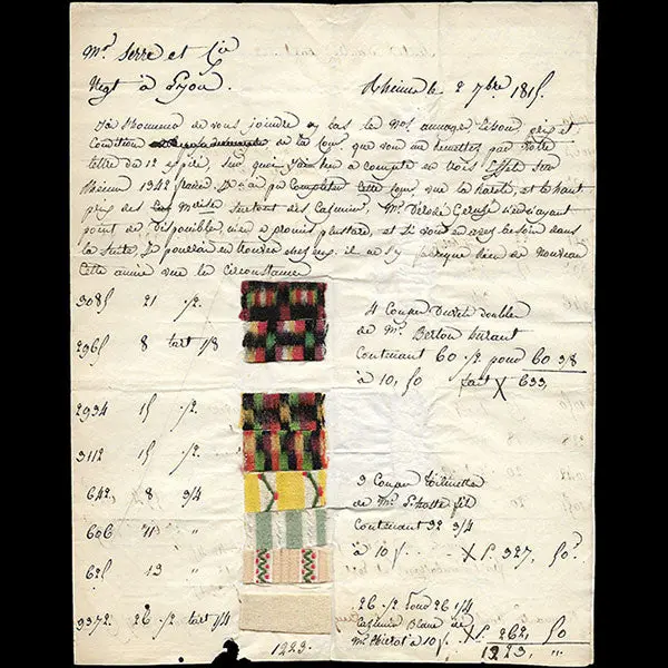Serre Et Cie - Correspondance Avec Échantillons Adressée Au Négociant En Tissus Par Parizet Fils (1815) 1