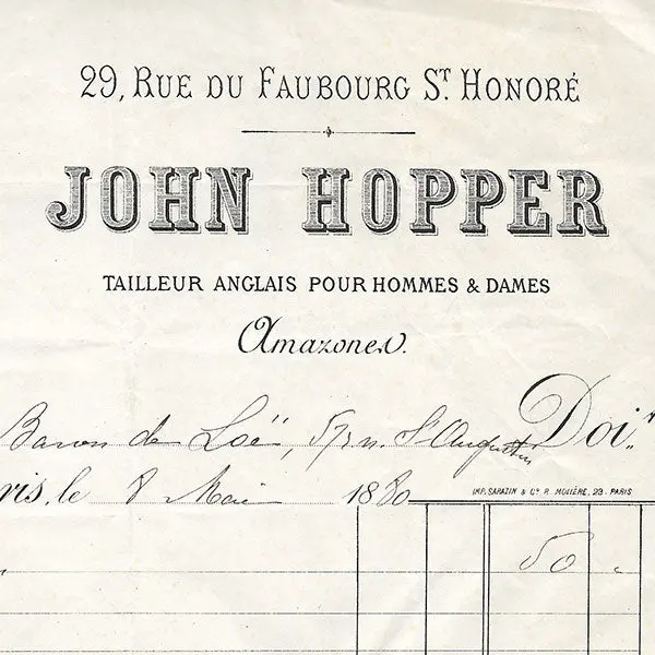 John Hopper - Facture Du Tailleur Anglais, 29 Rue Du Faubourg Saint-Honoré À Paris (1880) 2
