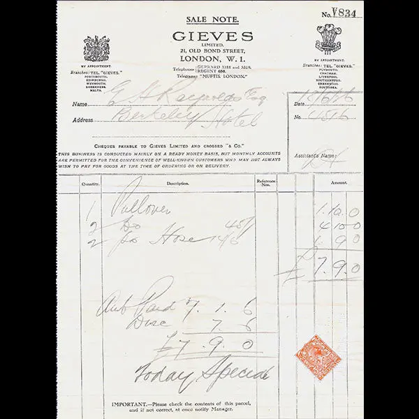 Facture Du Tailleur Gieves Ltd, 21 Old Bond Street À Londres (1926) 1
