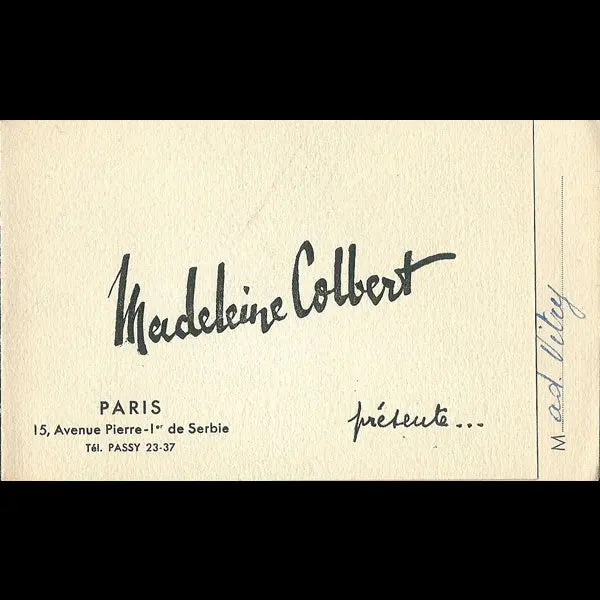 Carton D'invitation De La Maison Madeleine Colbert, 15 Avenue Pierre Ier De Serbie À Paris (Circa 1940) 1