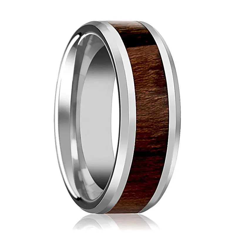 Dacian | Silver Tungsten Ring, Carpathian Wood Inlay, Beveled 1