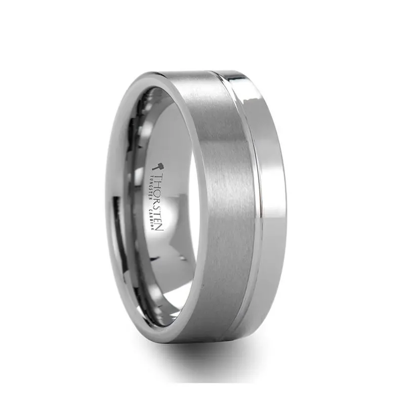 Dallas | Silver Tungsten Ring, Single Offset Groove, Flat 1