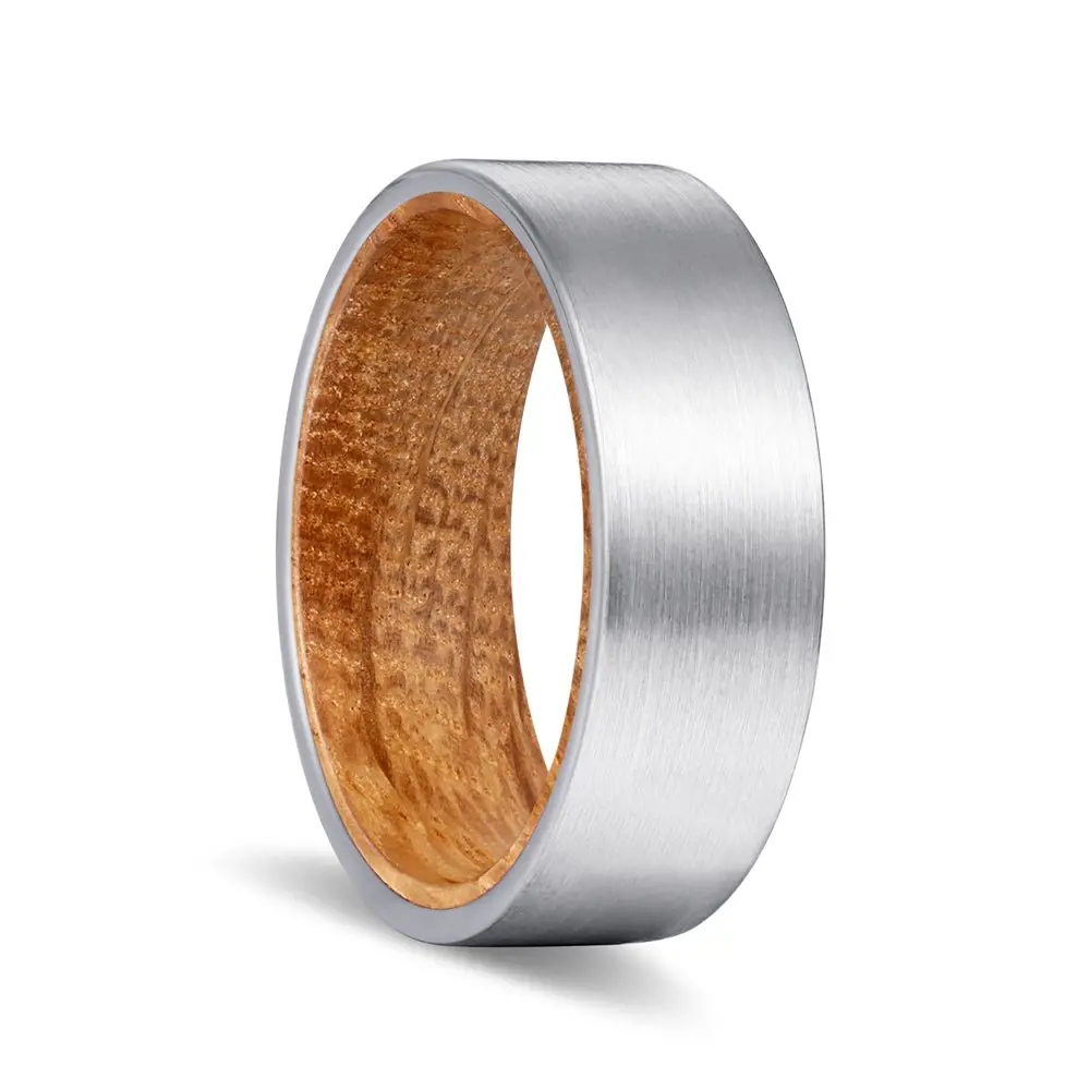 Dalmore | Whiskey Barrel Wood, Silver Tungsten Ring, Brushed, Flat 1