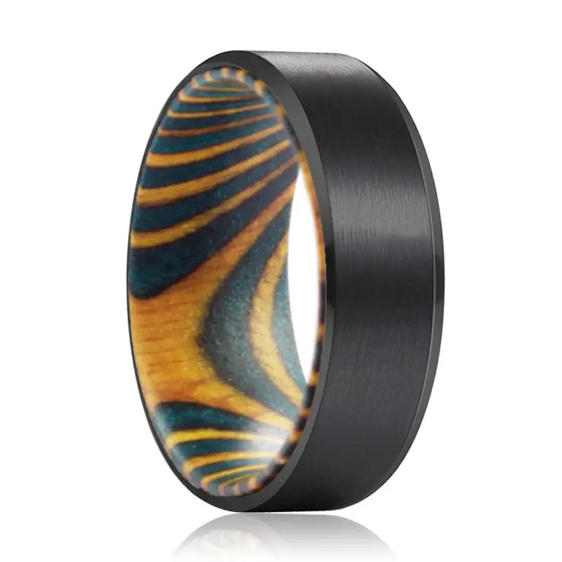 Damon | Green And Yellow Wood, Black Tungsten Ring, Brushed, Beveled 1