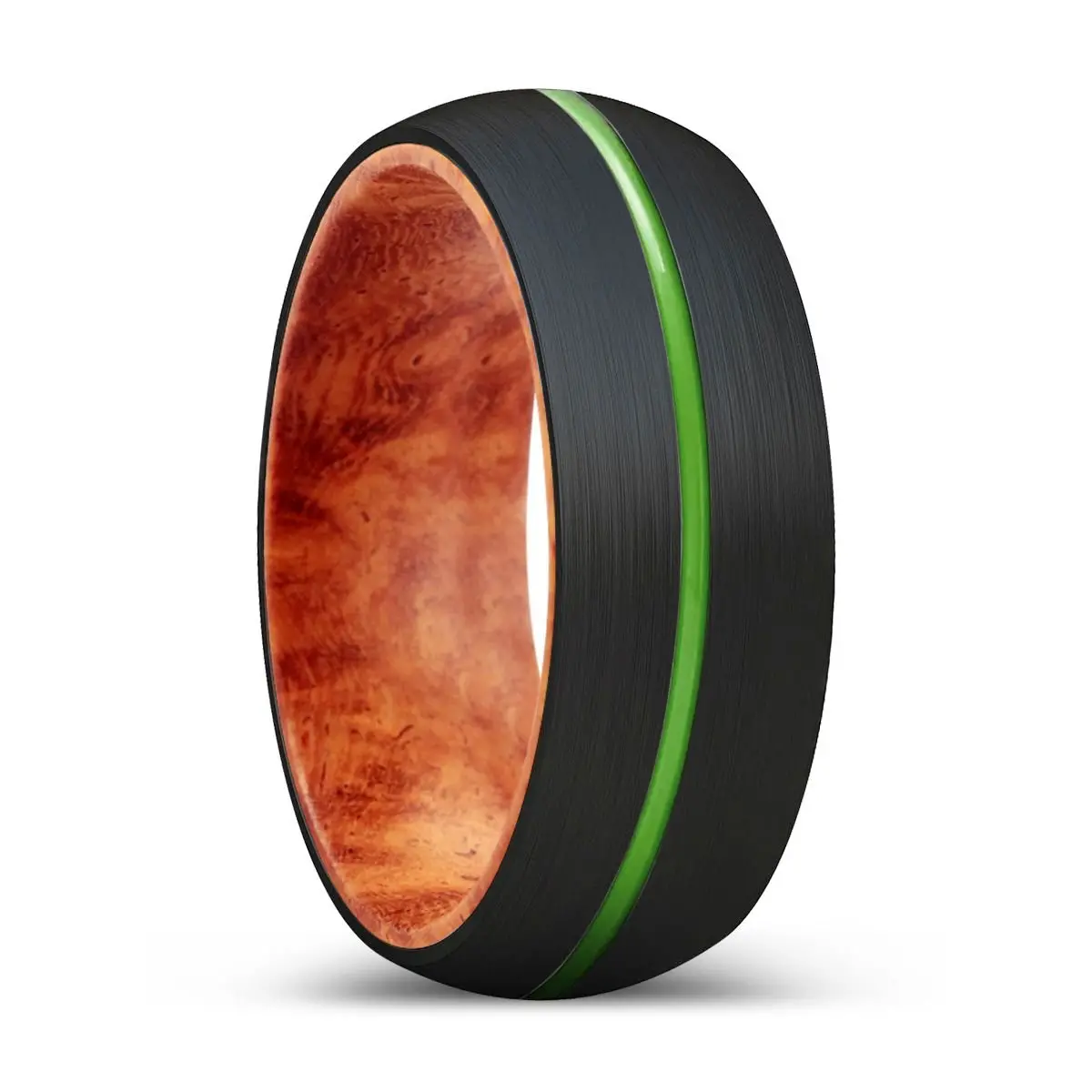 Darby | Red Burl Wood, Black Tungsten Ring, Green Groove, Domed 1
