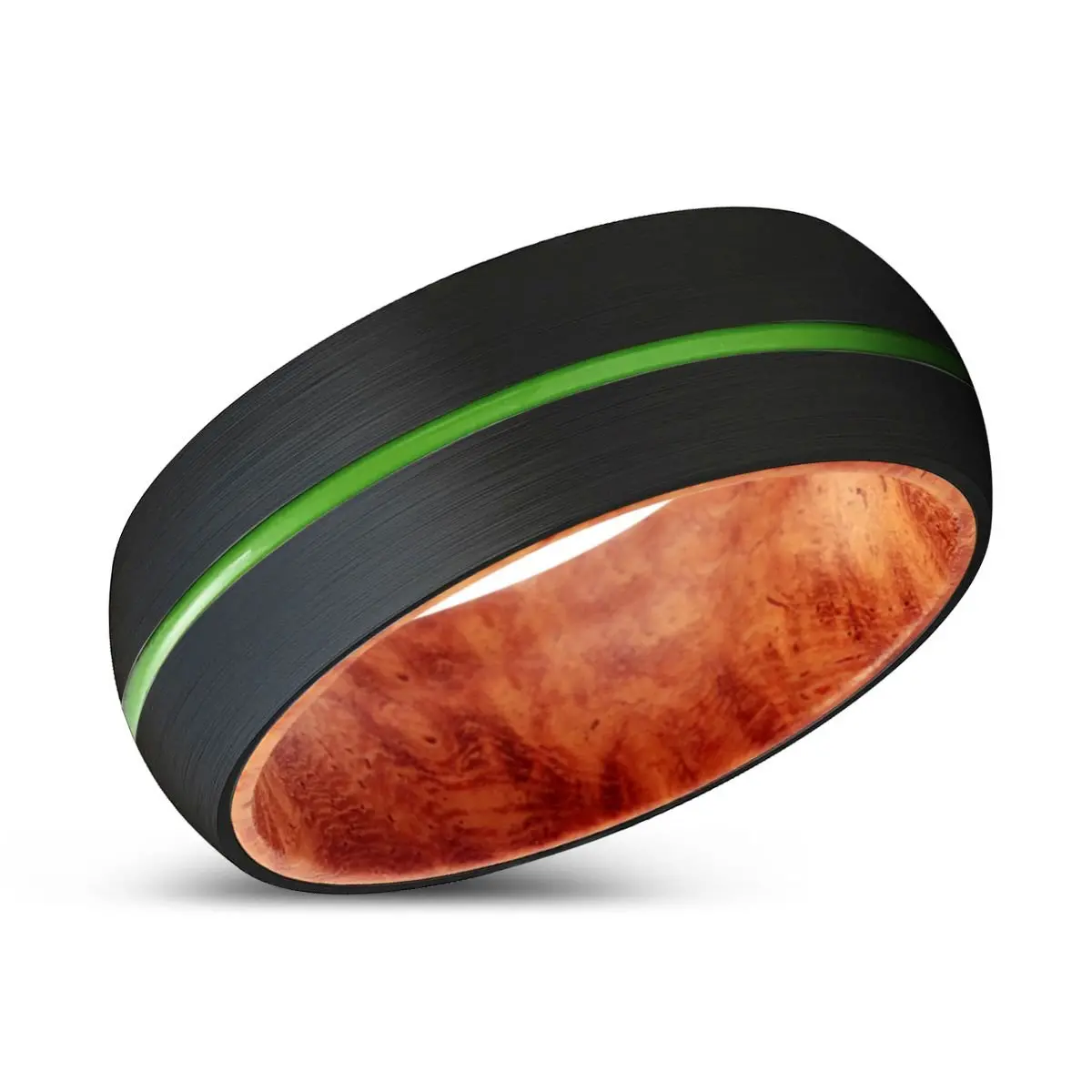 Darby | Red Burl Wood, Black Tungsten Ring, Green Groove, Domed 2