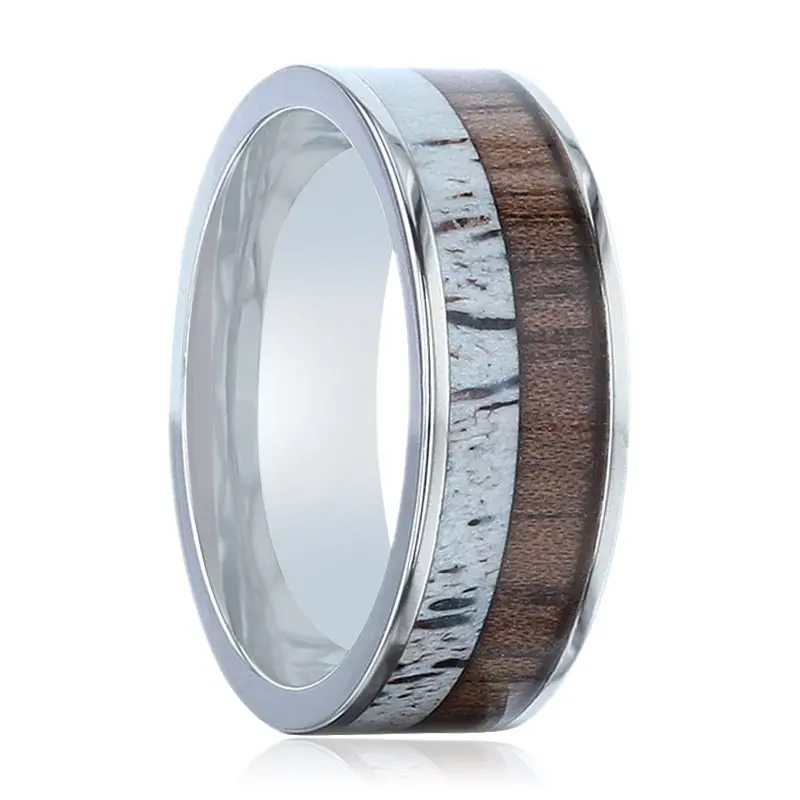 Darby | Silver Titanium Ring, Deer Antler And Black Walnut Wood Inlay, Flat 1