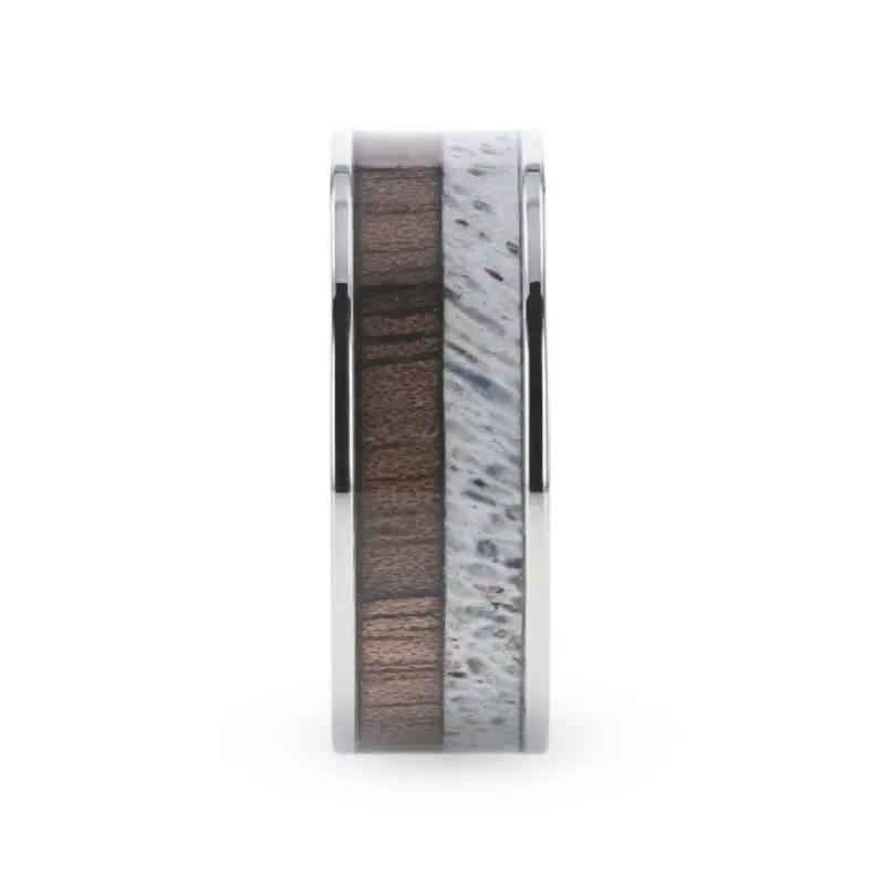 Darby | Silver Titanium Ring, Deer Antler And Black Walnut Wood Inlay, Flat 3