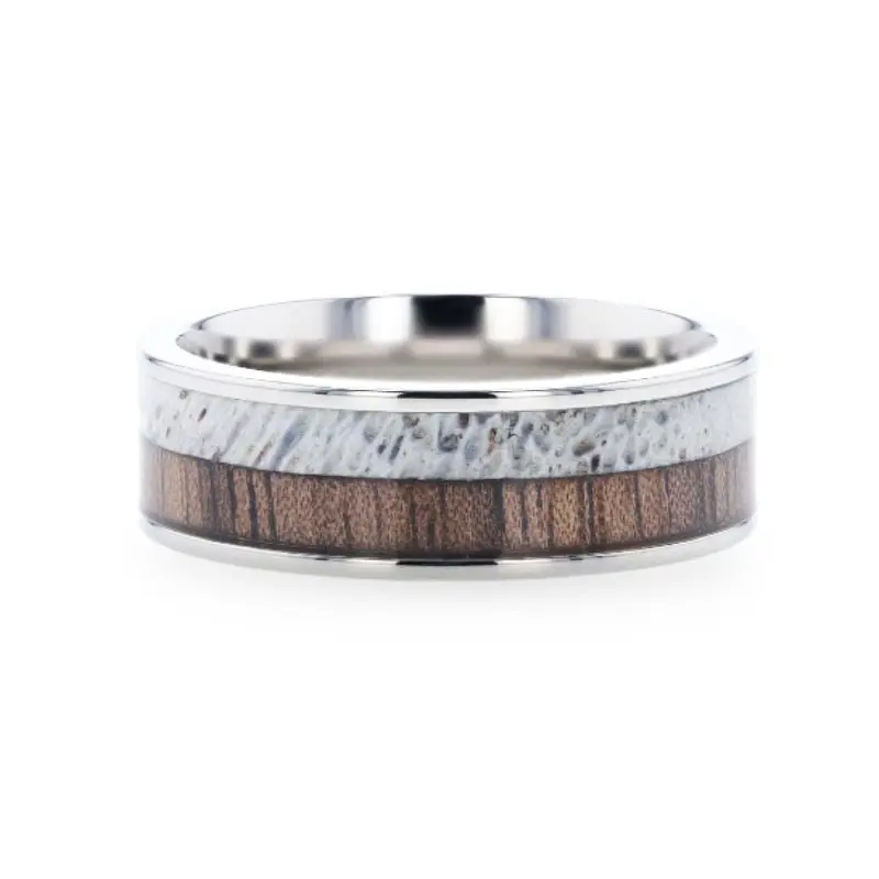 Darby | Silver Titanium Ring, Deer Antler And Black Walnut Wood Inlay, Flat 2