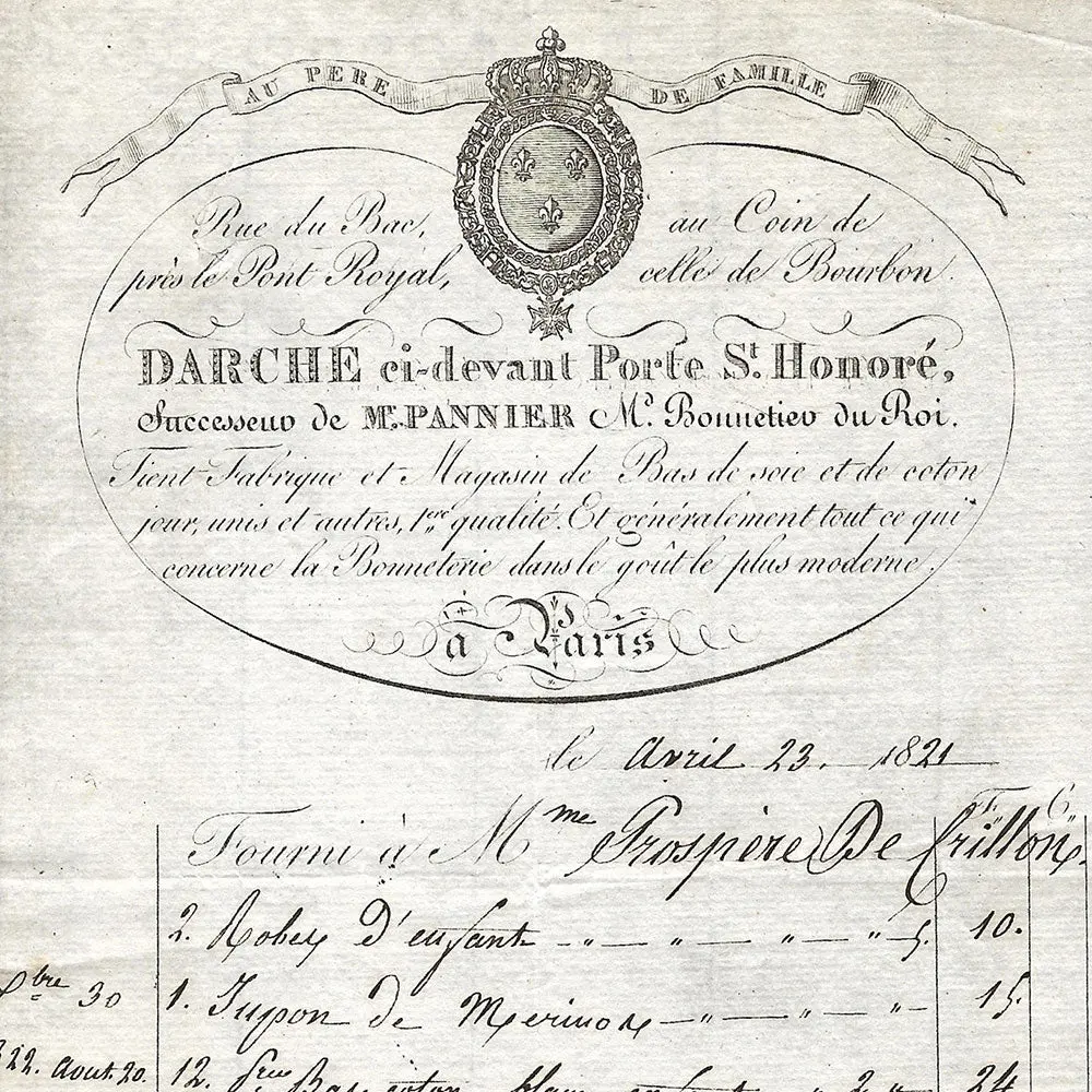 Darche - Facture De La Bonneterie Au Père De Famille, Rue Du Bac À Paris (1821) 2