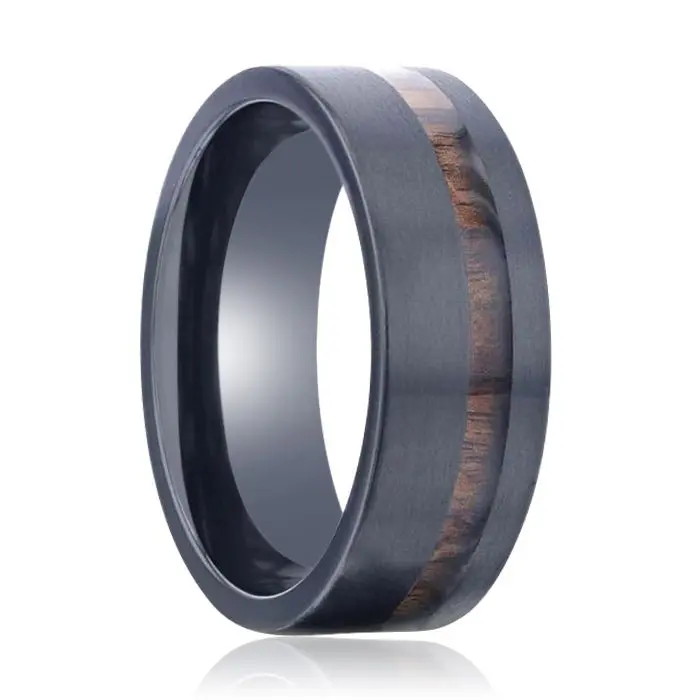 Daring | Black Titanium Ring, Off-Set Koa Wood Inlay, Flat 1