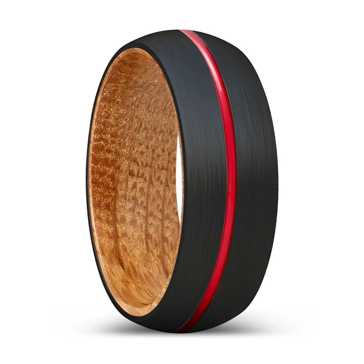 Darth | Whiskey Barrel Wood, Black Tungsten Ring, Red Groove, Domed 1