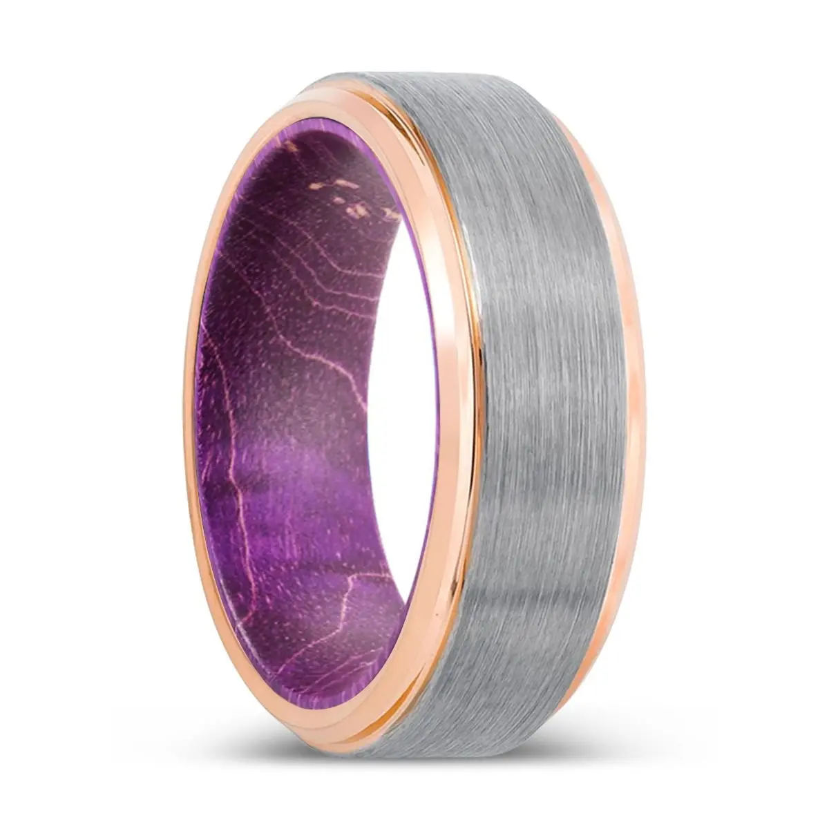 Daver | Purple Wood, Silver Tungsten Ring, Brushed, Rose Gold Stepped Edge 1