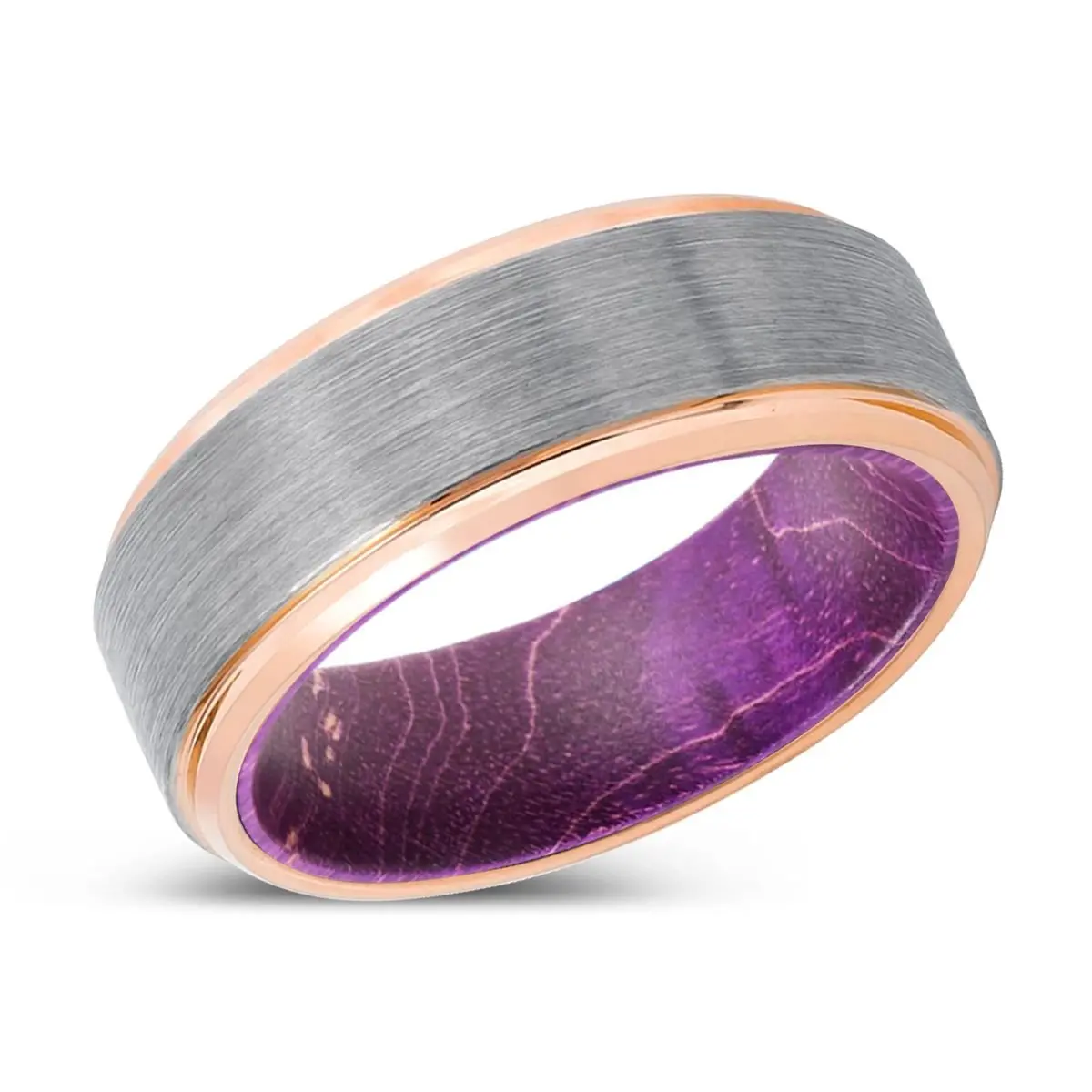 Daver | Purple Wood, Silver Tungsten Ring, Brushed, Rose Gold Stepped Edge 2