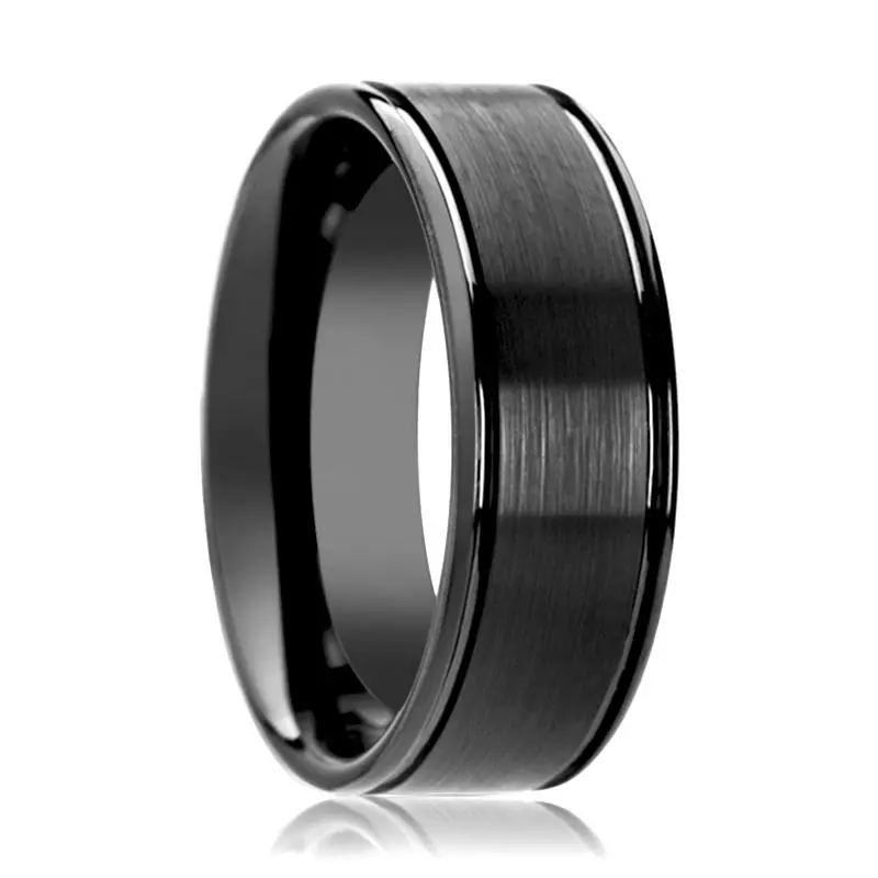 David | Black Ceramic Ring, Dual Offset Grooves, Flat 1
