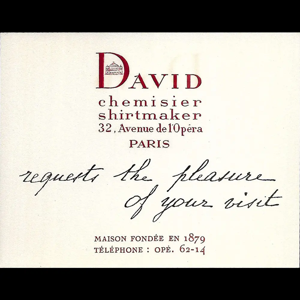 David - Invitation Du Chemisier - Shirtmaker, 32 Avenue De L'opéra À Paris (Circa 1920) 1