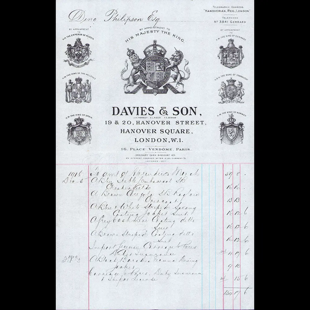 Davies & Sons - Facture Du Tailleur, 19-20 Hanover Street, London (1919) 1