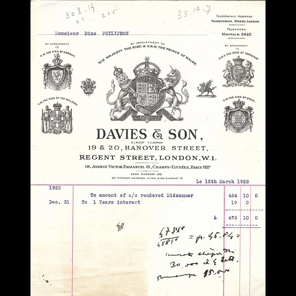 Davies & Sons - Facture Du Tailleur, 19-20 Hanover Street, London (1923) 1