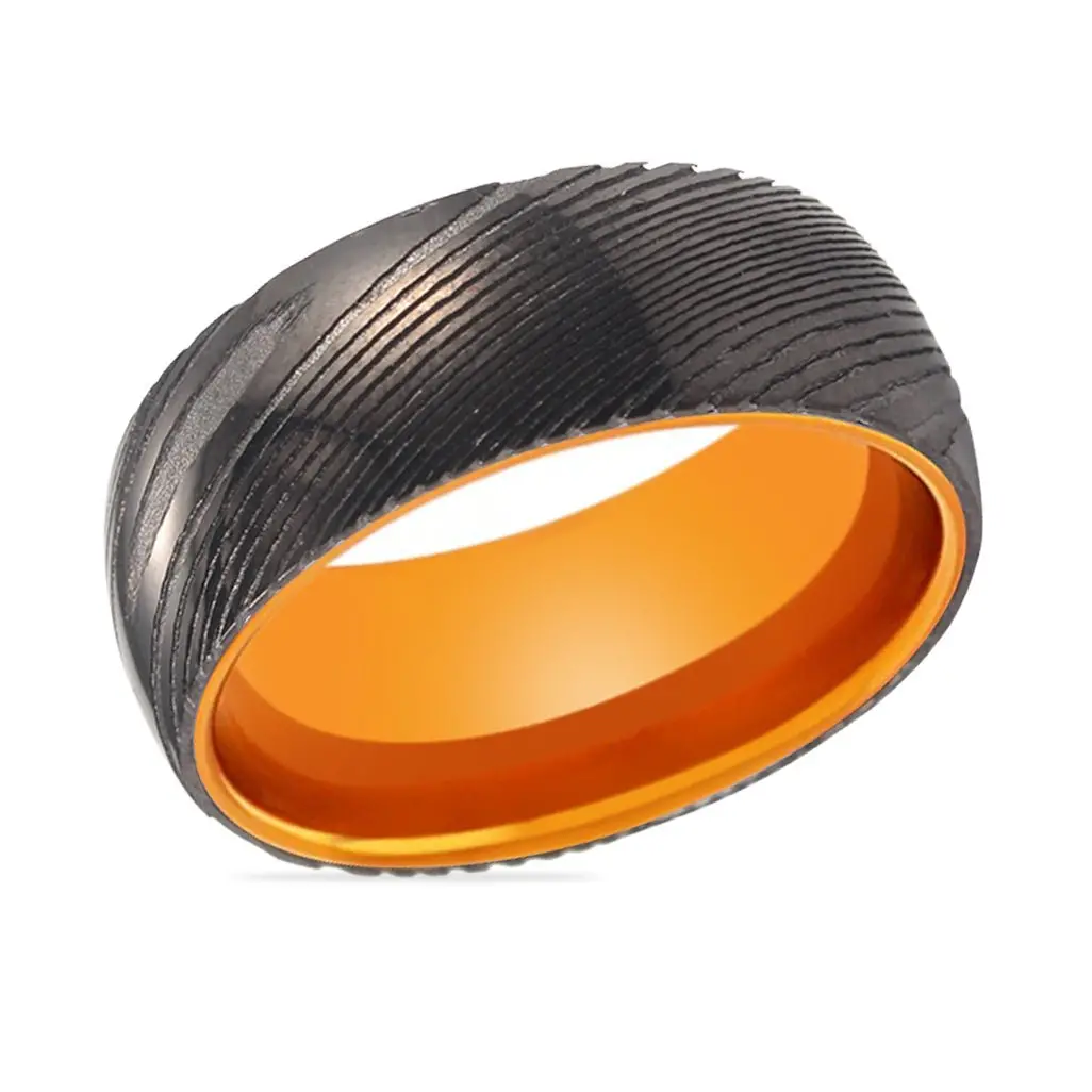 Dawn | Orange Ring, Gunmetal Damascus Steel Ring, Domed 2