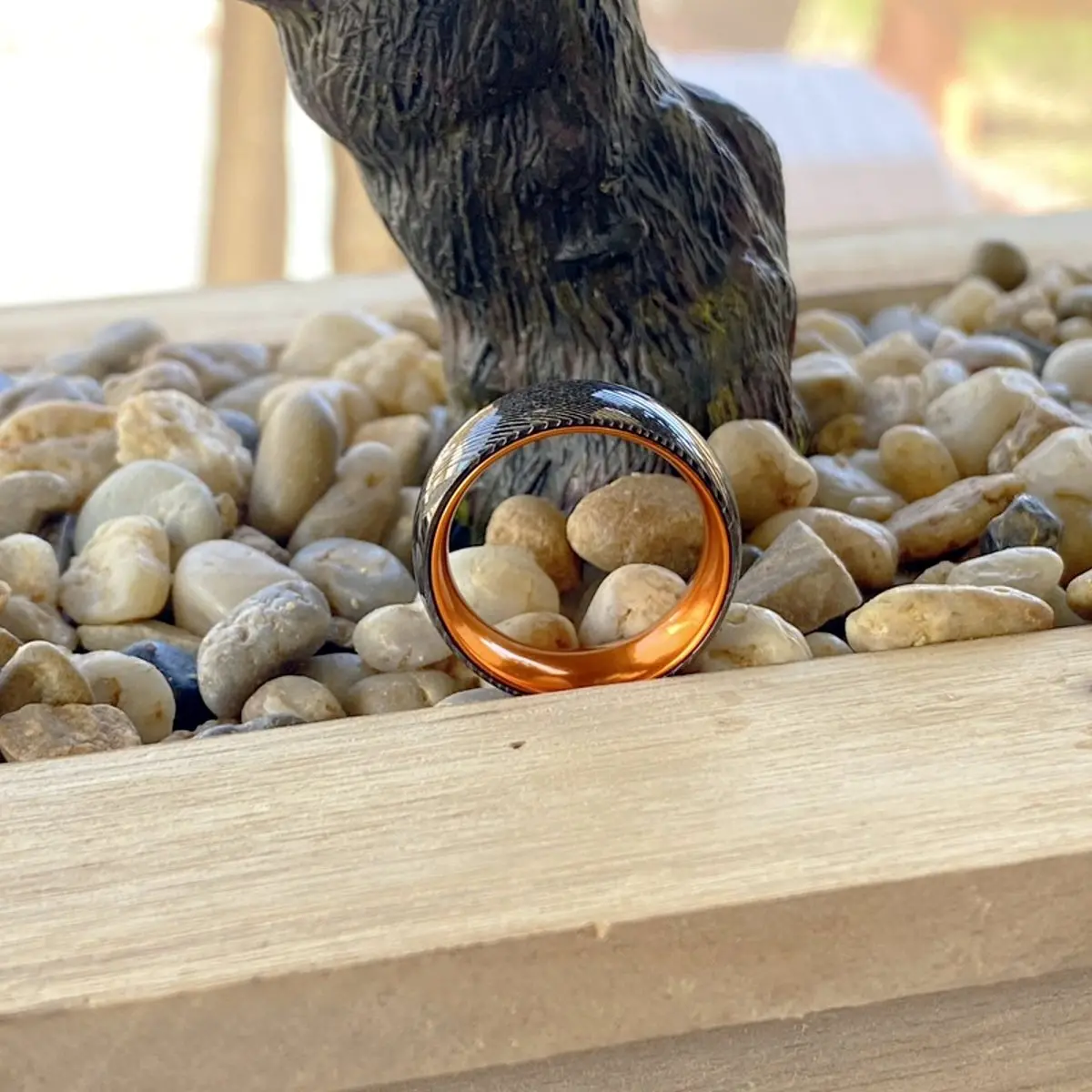 Dawn | Orange Ring, Gunmetal Damascus Steel Ring, Domed 6