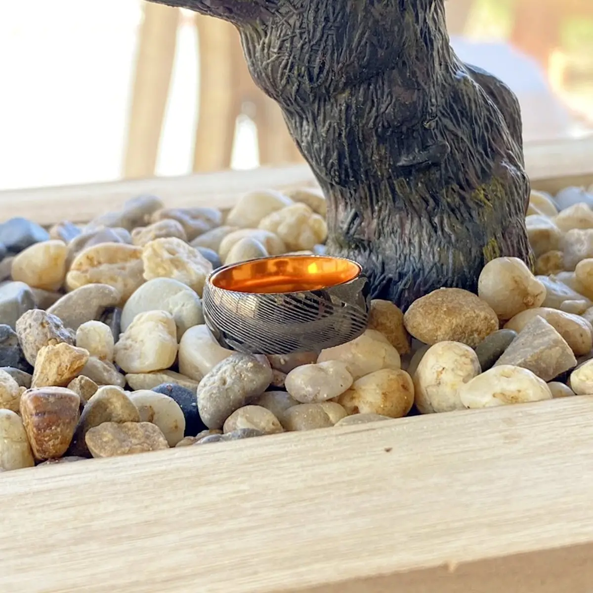 Dawn | Orange Ring, Gunmetal Damascus Steel Ring, Domed 7