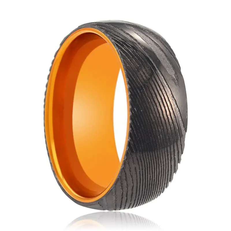 Dawn | Orange Ring, Gunmetal Damascus Steel Ring, Domed 1