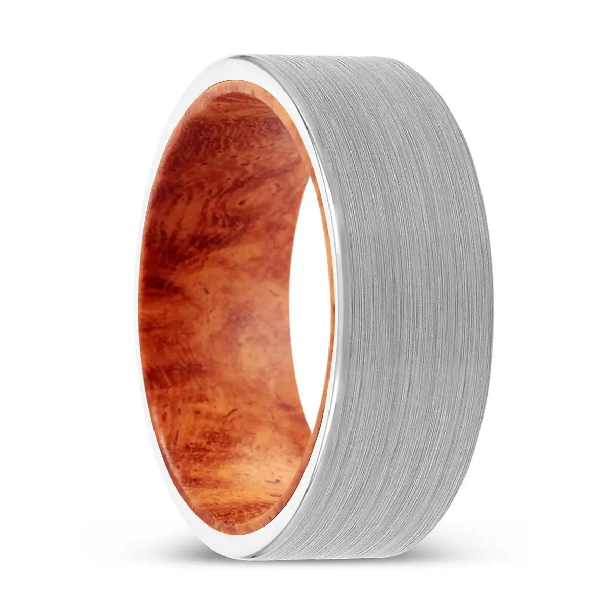 Dawood | Red Burl Wood, White Tungsten Ring, Brushed, Flat 1