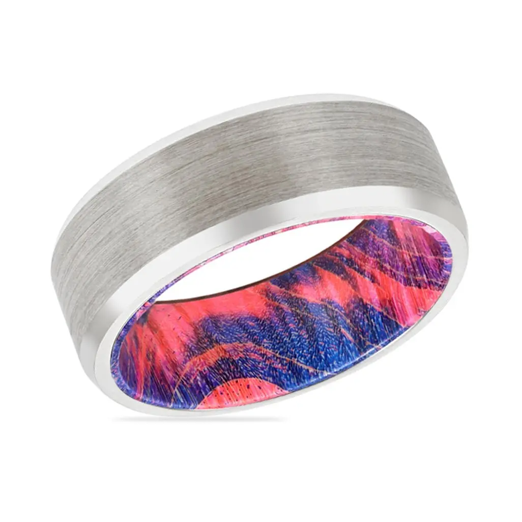 Dazzle | Blue & Red Wood, Silver Tungsten Ring, Brushed, Beveled 2