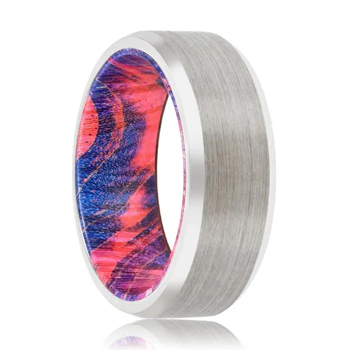 Dazzle | Blue & Red Wood, Silver Tungsten Ring, Brushed, Beveled 1