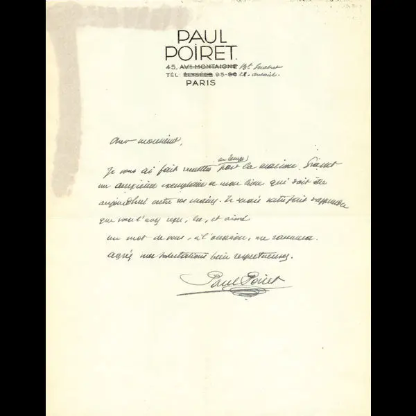 Poiret - Cher Monsieur, Lettre De Paul Poiret (Circa 1930) 1