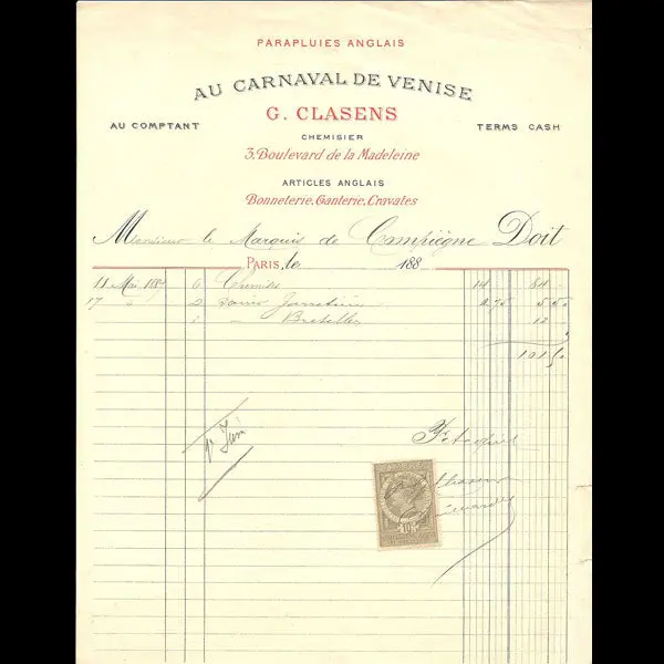 Facture Du Carnaval De Venise, G. Clasens Chemisier, 3 Boulevard De La Madeleine À Paris (1887) 1