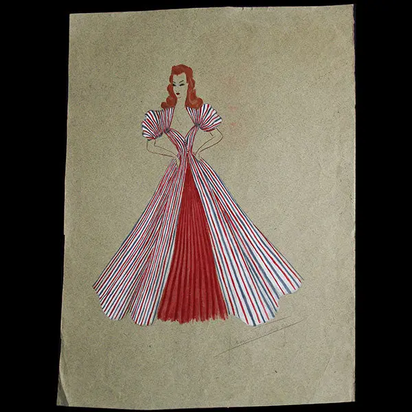 Jean Desses - Dessin D'une Robe Du Soir Bleu, Blanc, Rouge, Circa 1940 1