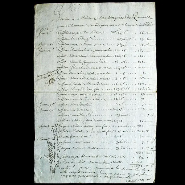 Facture Mémoires D'un Marchand D'étoffes Et D'une Couturière Pour La Marquise De Querouart (1752-1757) 1